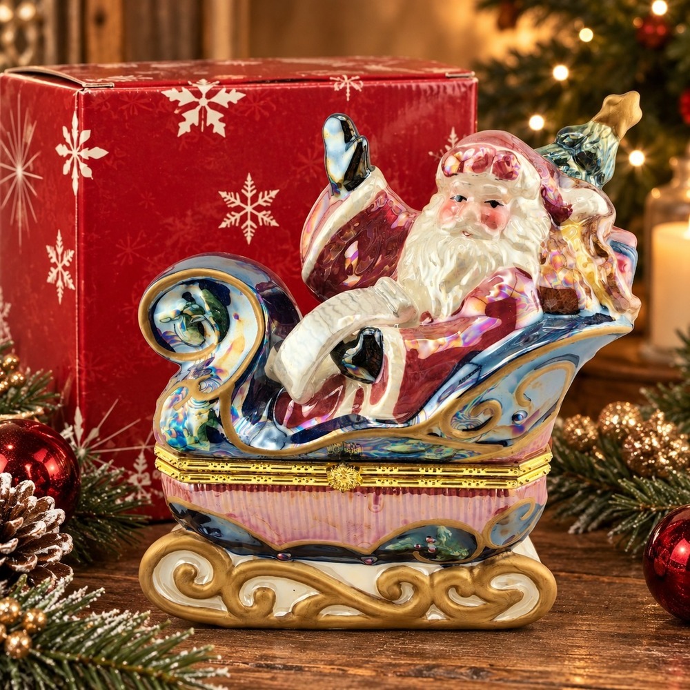 Avon 2002 Christmas Cheer Santa Sleigh Trinket Box Iridescent w Original Box